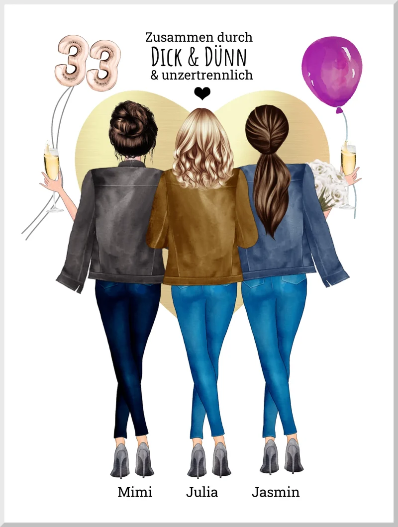 3 Freundinnen Poster personalisiert- Beste Freundin Bild Geburtstagsgeschenk