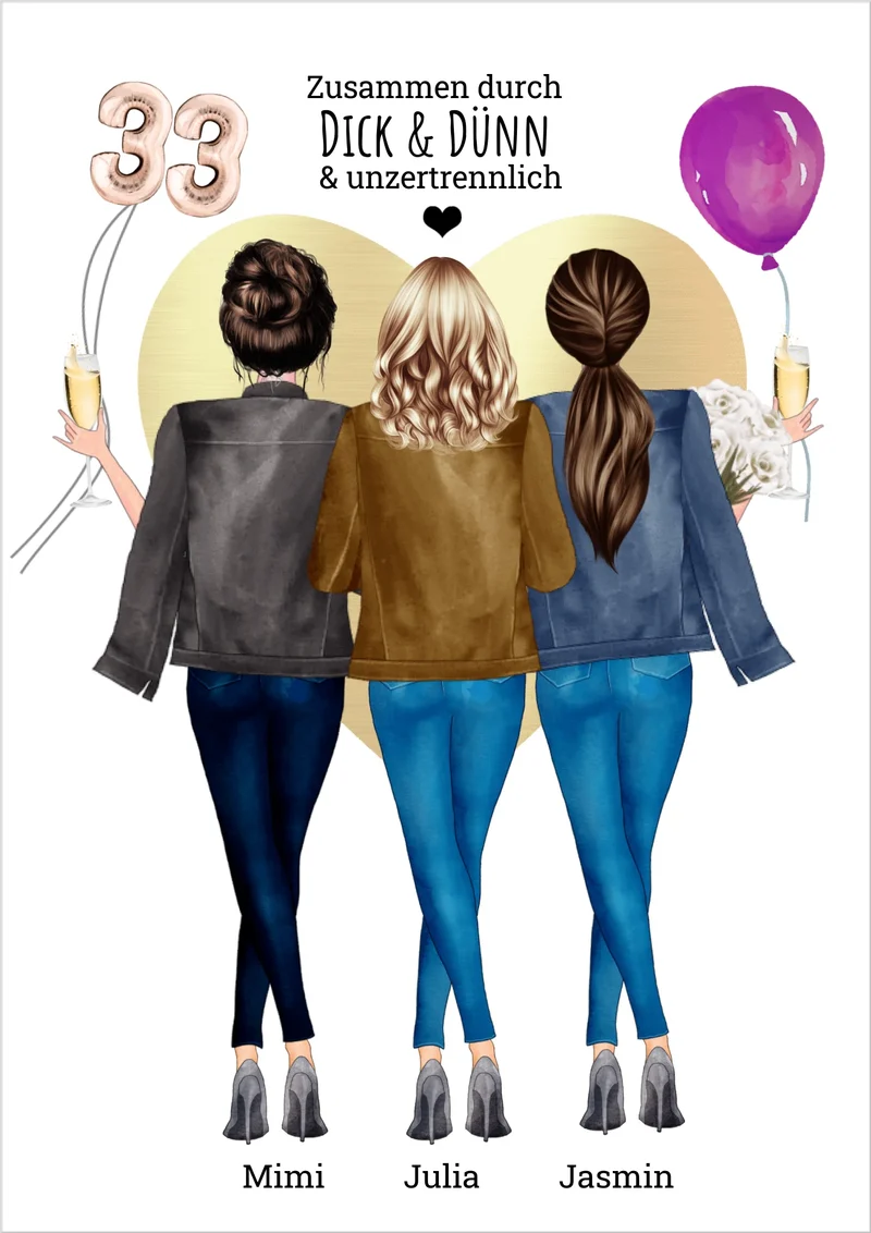 3 Freundinnen Poster personalisiert- Beste Freundin Bild Geburtstagsgeschenk