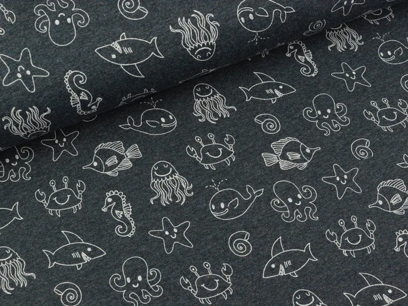 Reststück 32cm - Baumwolljersey Sea Creatures weiß auf dunklem jeansblau meliert
