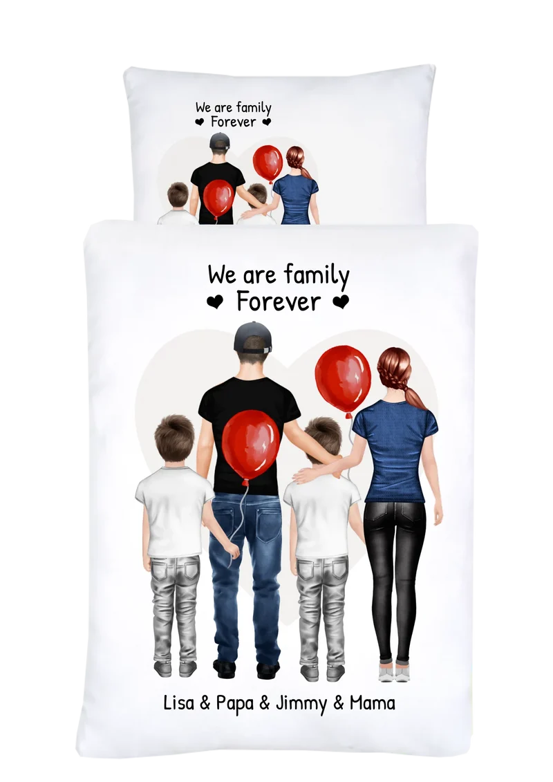 Personalisiertes Geschenk Bettwäsche, Bettbezug Familie, Mama, Papa, 2 Kinder
