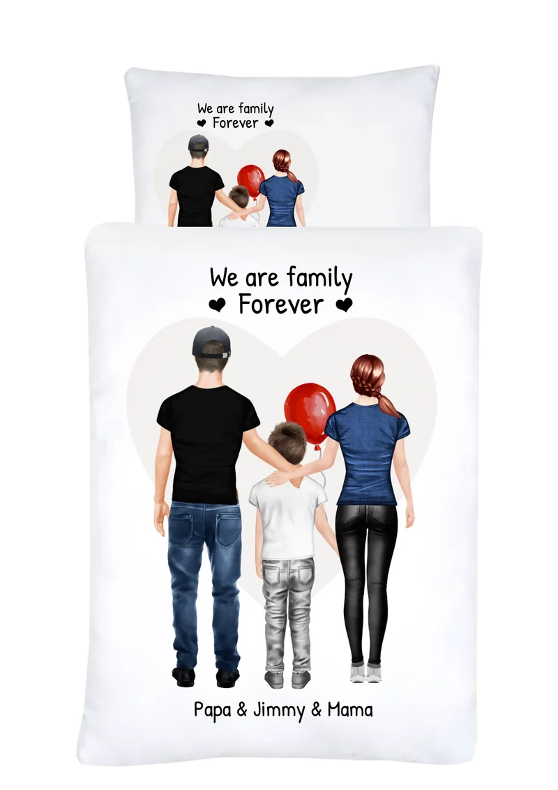Personalisierte Bettwäsche Familiengeschenk – Mama, Papa & Kind Motiv mit Namen