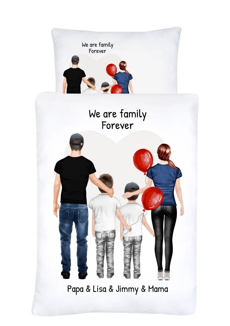 Personalisierte Bettwäsche Familiengeschenk – Mama, Papa & 2 Kinder Motiv mit Namen