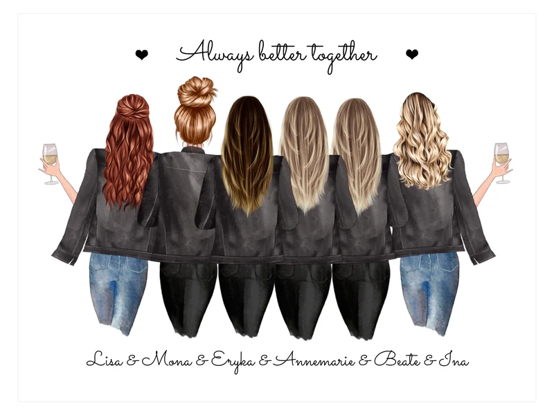 6 beste Freundinnen Poster Geschenk mit Spruch personalisiert - Beste Freundin Bild Geburtstagsgeschenk personalsiert