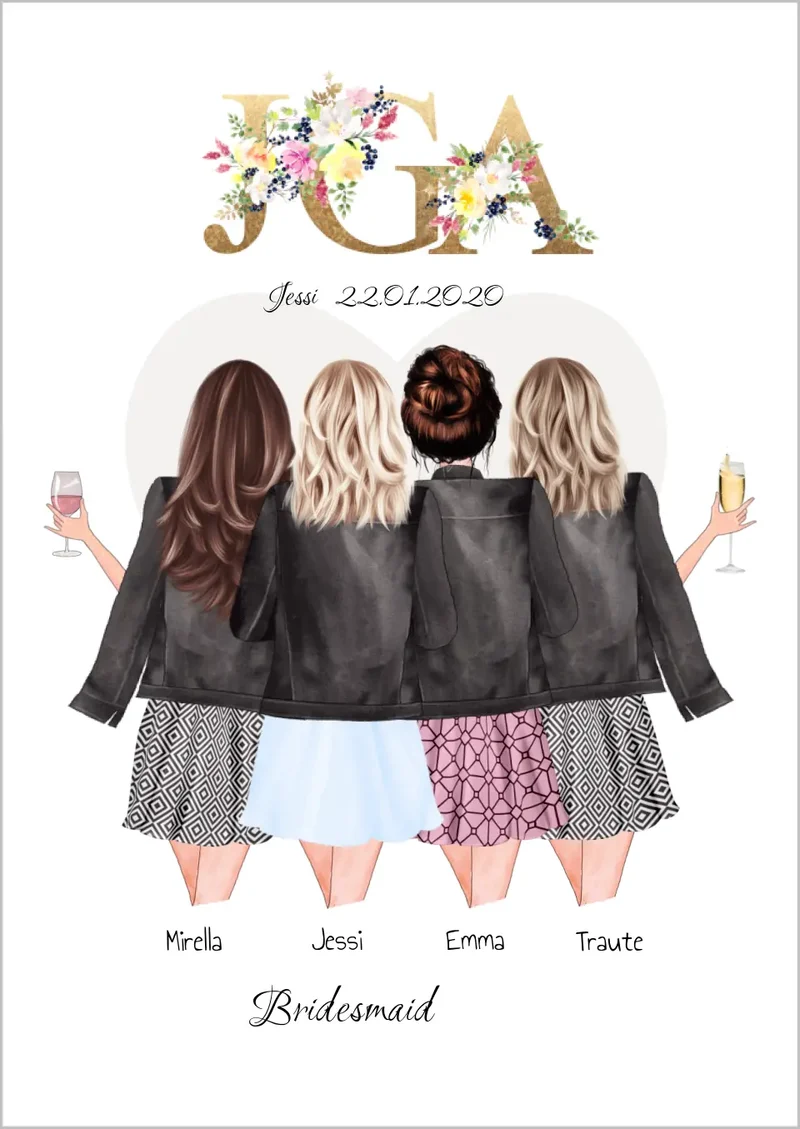 Team Braut, Junggesellinnenabschied Geschenk Personalisiert, JGA Poster, Bridesmaids, Braut Geschenk 4 Freundinnen