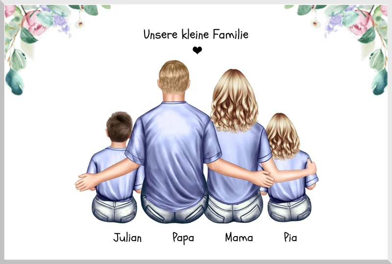 Personalisiertes Familienbild mit 2 Kindern - Geschenk für Papa & Mama zum Muttertag, Vatertag & Geburtstag