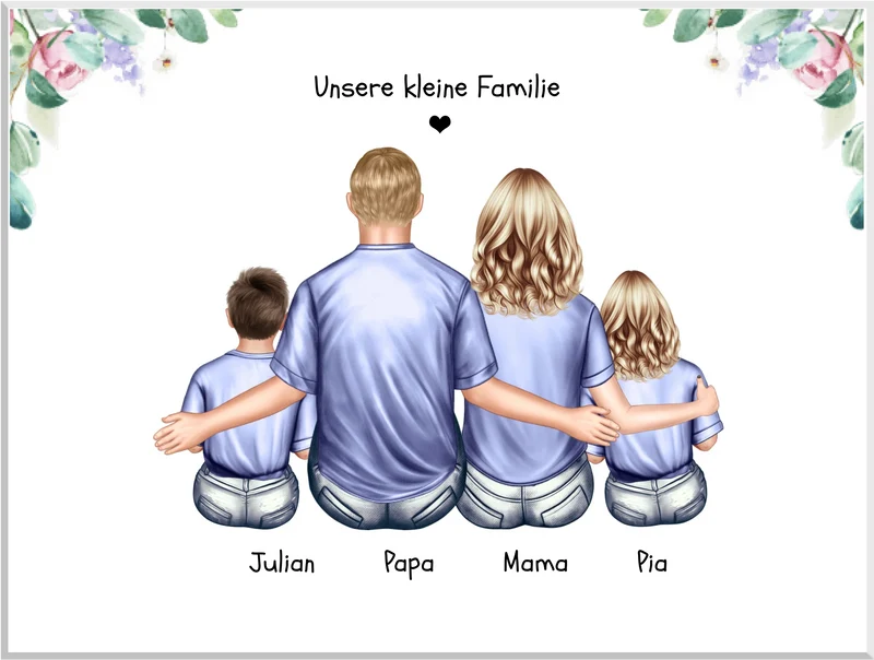 Personalisiertes Familienbild mit 2 Kindern - Geschenk für Papa & Mama zum Muttertag, Vatertag & Geburtstag