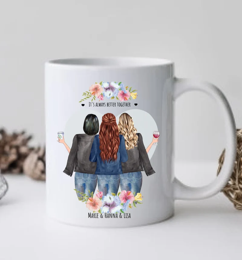3 Beste Freundinnen Tasse personalisiert - Beste Freundin Geburtstagsgeschenk