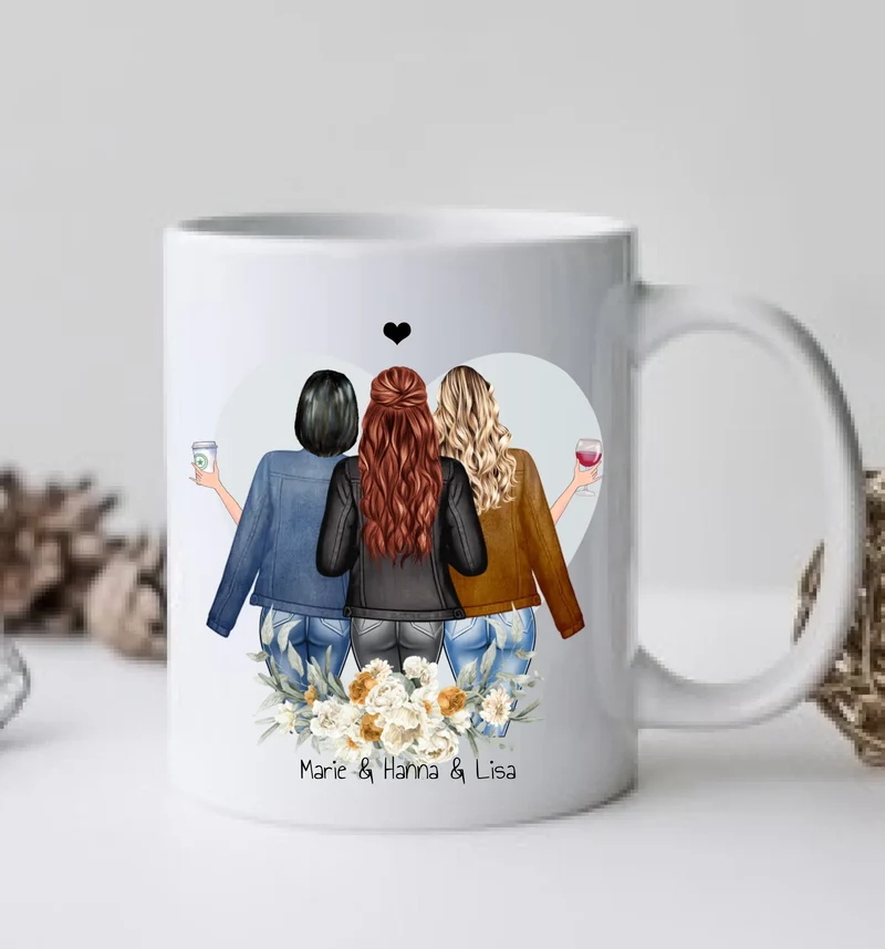 3 Beste Freundinnen Tasse mit Spruch, Personalisierte Kaffeebecher, Geschenk Familie, Schwester, Kollegin, Tassendruck