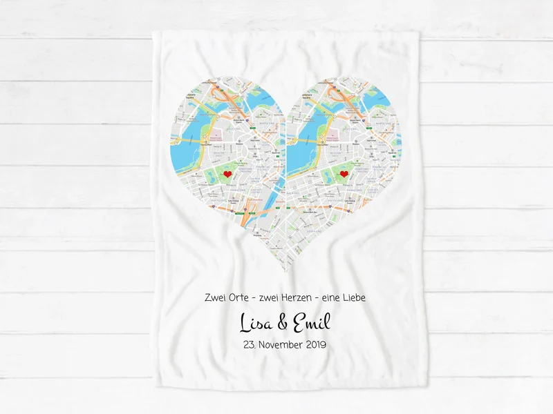 Wo alles begann - Stadtkarte Fleece Decke - 2 Herzen - Hochzeitsgeschenk - Partnergeschenk - Weihnachtsgeschenk