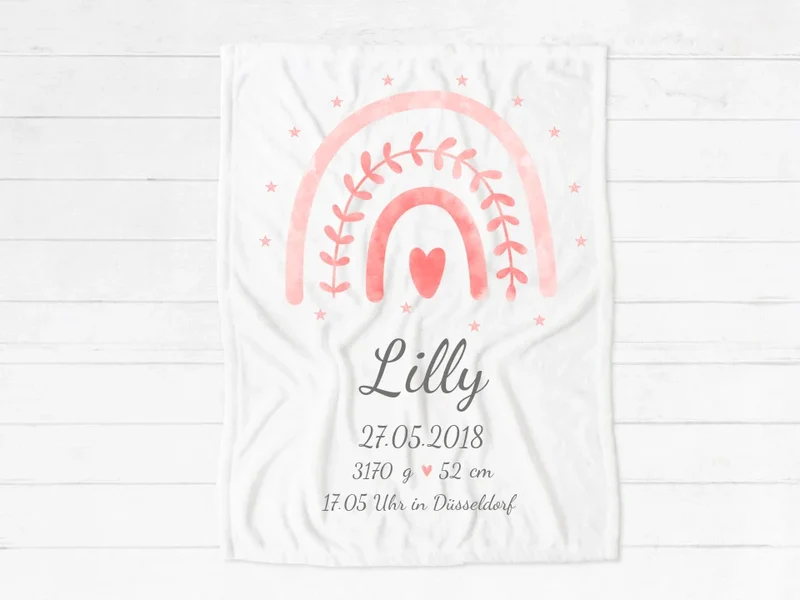Kuscheliges Geburtsgeschenk Babydecke personalisiert, Geschenk zur Geburt, zur Taufe, Taufgeschenk, Fleecedecke mit Regenbogen