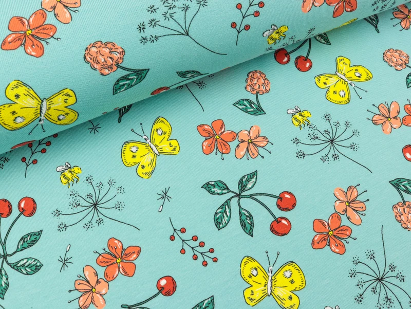 Reststück 19cm - Baumwolljersey Fruit and Flowers mint