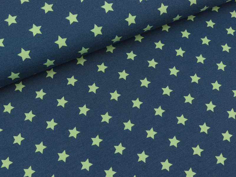 Reststück 60cm - Baumwolljersey Sterne greenery auf Lapis blue