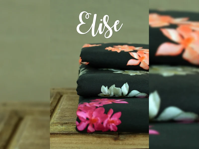 Reststück 79cm - Baumwolljersey Elise Magnolienblüten erika auf Schwarz by Bienvenido Colorido