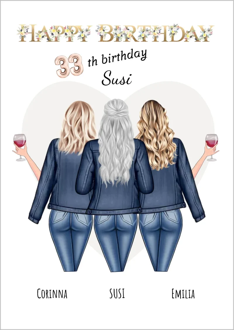 33. Geburtstag beste Freundin - personalisiertes Poster Geschenk mit 3 Freundinnen