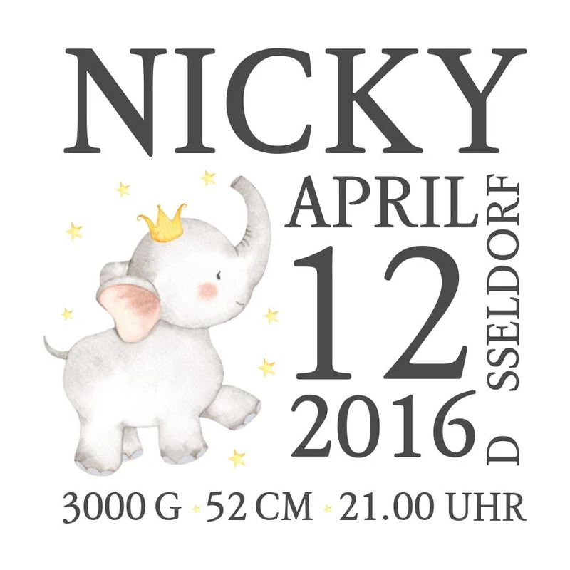 Elefant - Personalisiertes Geburtsposter - personalisierte Geburtsanzeige mit Namen und Geburtsdaten