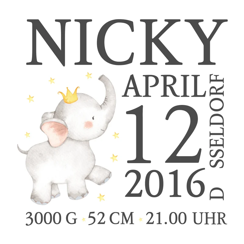 Elefant - Personalisiertes Geburtsposter - personalisierte Geburtsanzeige mit Namen und Geburtsdaten