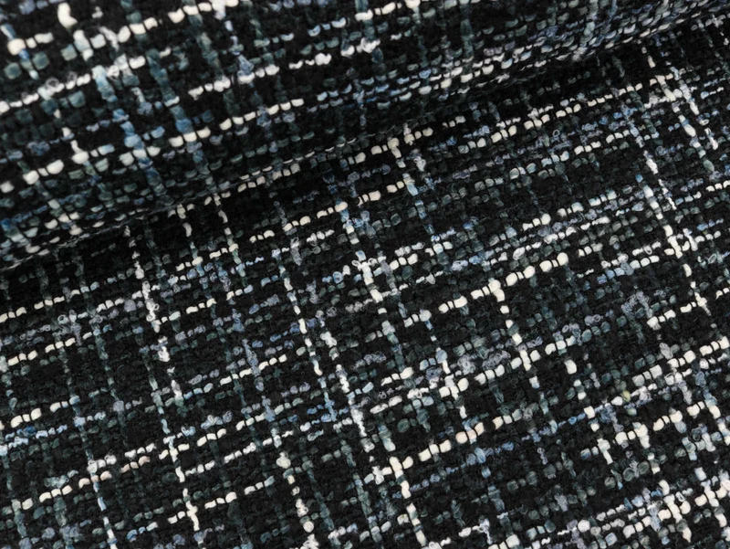 Reststück 36cm - Jacquard Boucle Karo schwarz-grau-weiß kariert