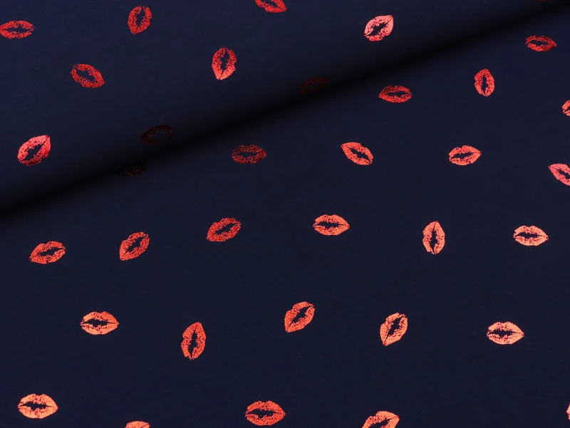 Reststück 43cm - Viskosestoff Radiance Folienprint Kiss Me rot-navy