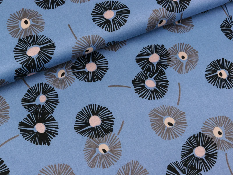 Reststück 92cm - Baumwollsatin Blumen schwarz-taupe auf Rauchblau