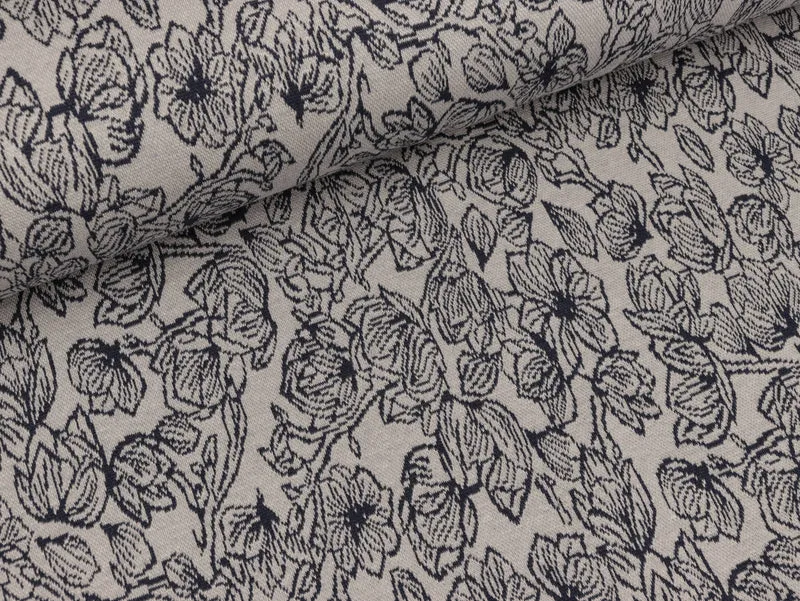 Reststück 114cm - Jacquardstrickstoff Just-May Blumen dunkelblau auf Hellgrau by Lila-Lotta