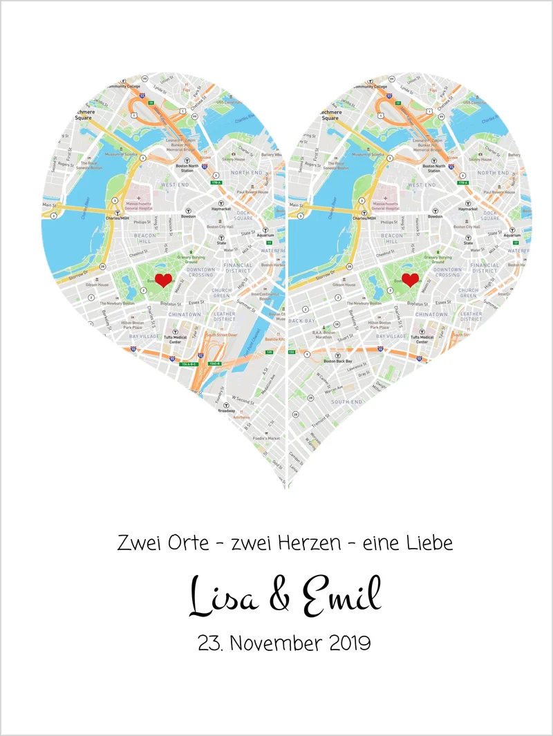„Wo alles begann“-Poster: Stadtkarte mit 2 Orten & Herz, Namen & Datum – Hochzeitsgeschenk