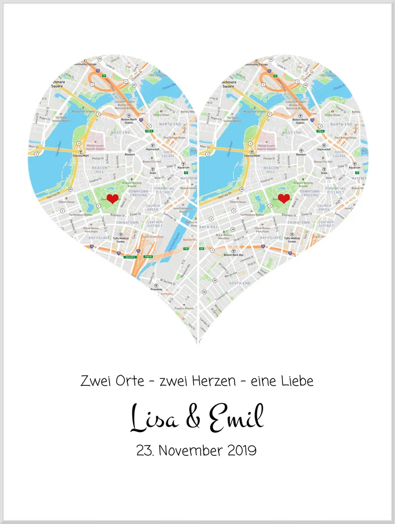 „Wo alles begann“-Poster: Stadtkarte mit 2 Orten & Herz, Namen & Datum – Hochzeitsgeschenk