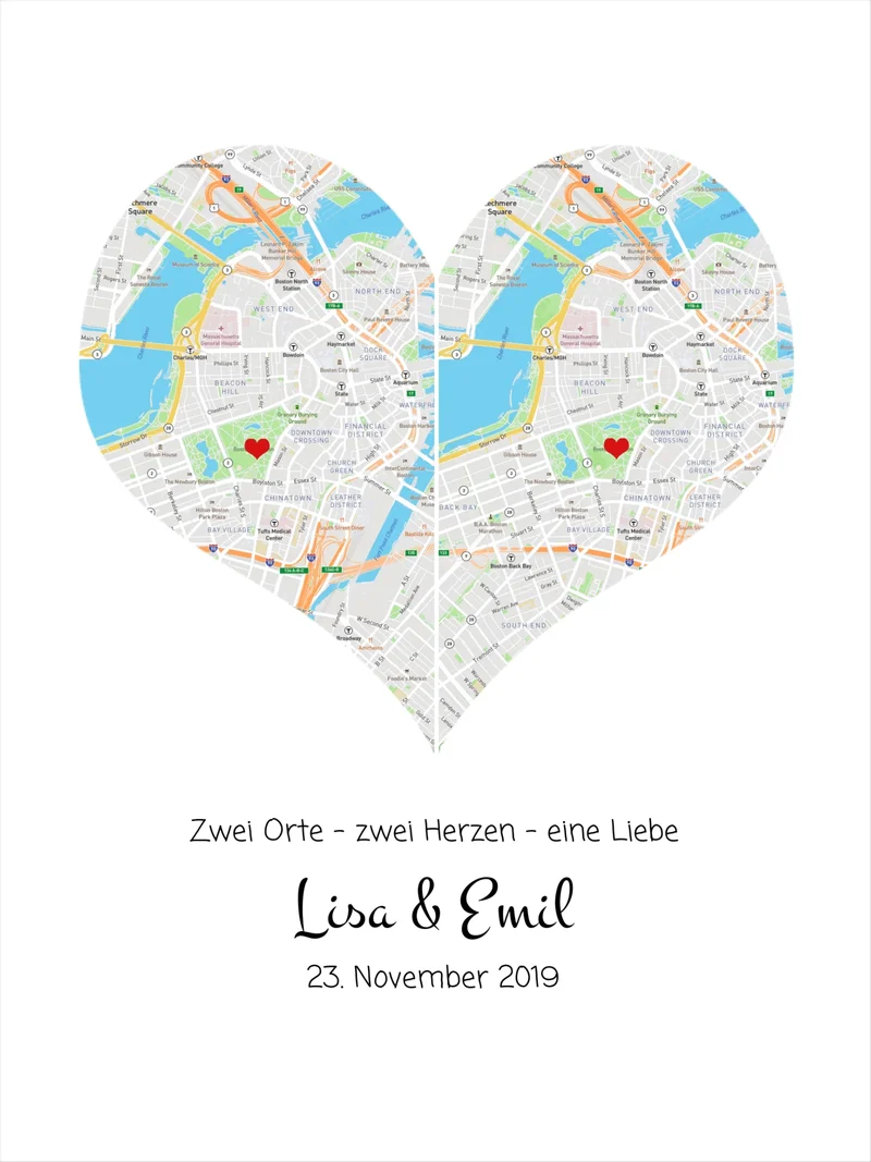 „Wo alles begann“-Poster: Stadtkarte mit 2 Orten & Herz, Namen & Datum – Hochzeitsgeschenk