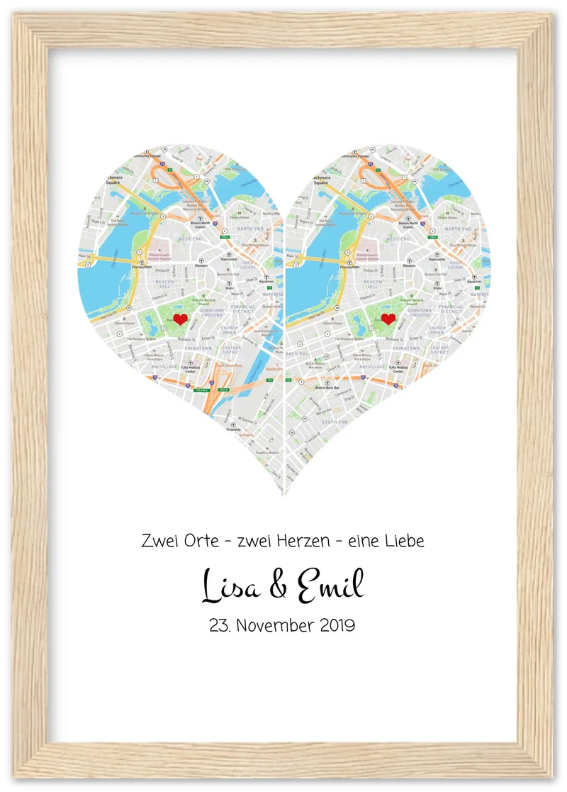 „Wo alles begann“-Poster: Stadtkarte mit 2 Orten & Herz, Namen & Datum – Hochzeitsgeschenk