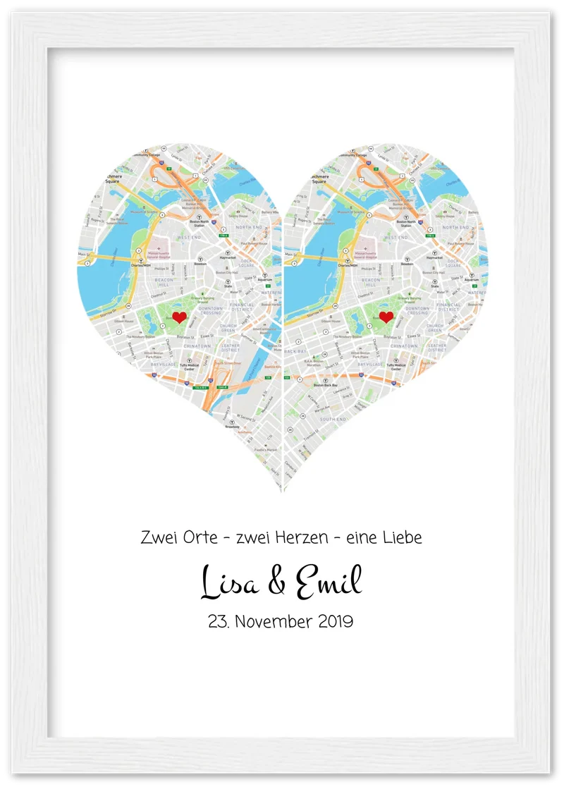 „Wo alles begann“-Poster: Stadtkarte mit 2 Orten & Herz, Namen & Datum – Hochzeitsgeschenk