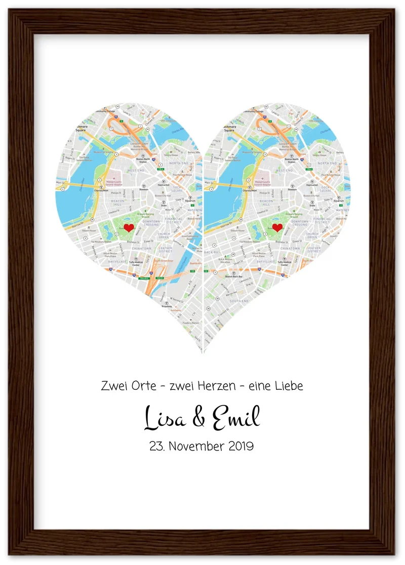 „Wo alles begann“-Poster: Stadtkarte mit 2 Orten & Herz, Namen & Datum – Hochzeitsgeschenk