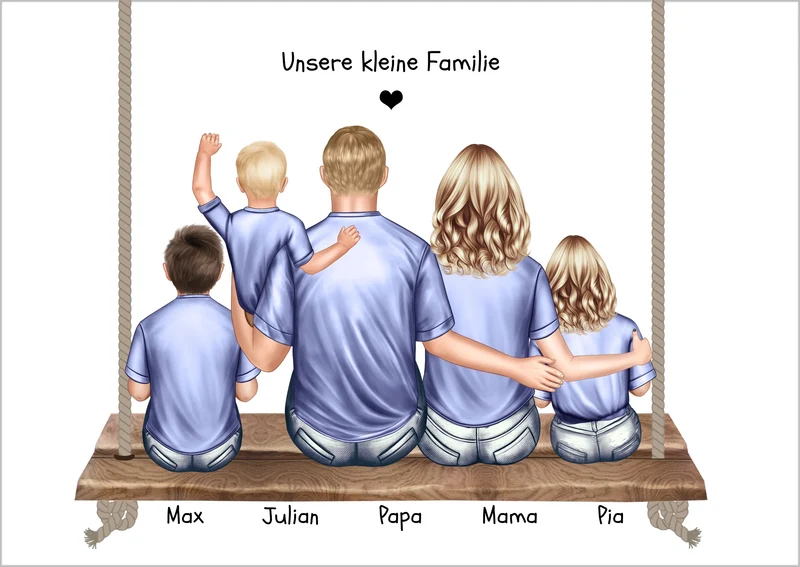 Personalisiertes Familienbild Geschenk - Familie mit Eltern und 3 Kindern