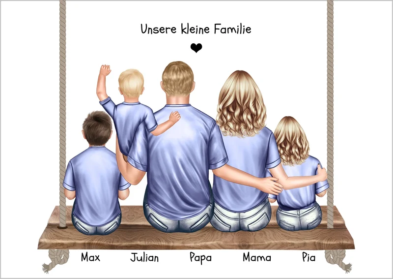Personalisiertes Familienbild Geschenk - Familie mit Eltern und 3 Kindern
