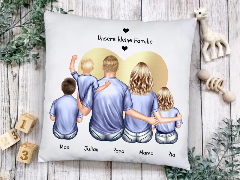 Personalisiertes Familien-Kissen – Mama, Papa & 3 Kinder | Vatertag, Muttertag & Geburtstagsgeschenk