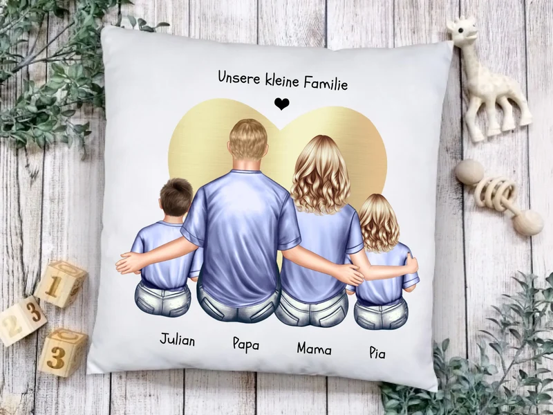 Personalisiertes Familien-Kissen – Mama, Papa & 2 Kinder | Vatertag, Muttertag & Geburtstagsgeschenk