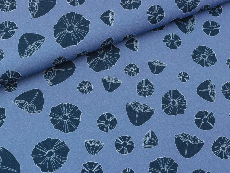Reststück 72cm - Viskosestoff Pur Blumen dunkelblau auf Rauchblau by Bienvenido Colorido