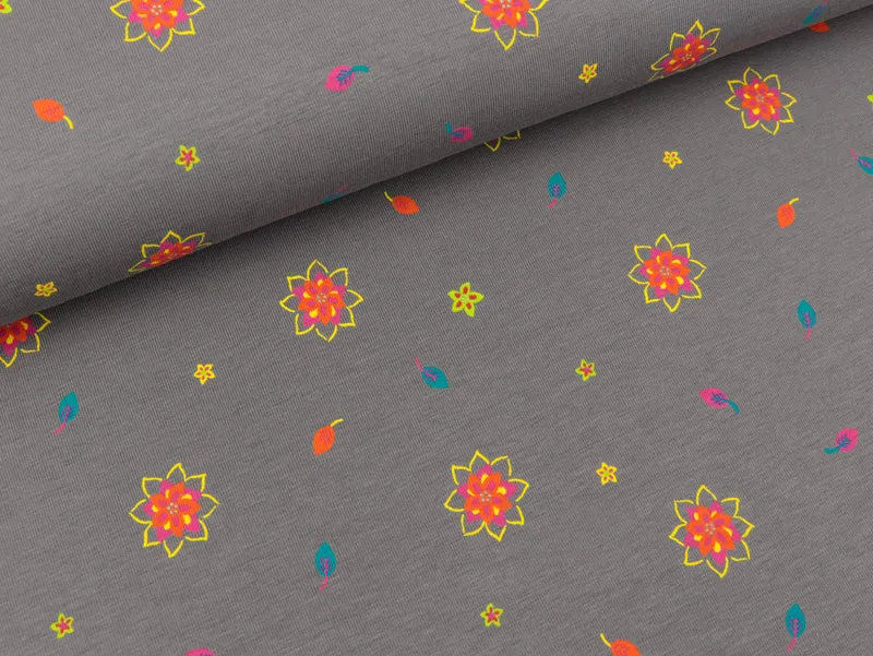 Reststück 84cm - Baumwolljersey Little Flowers bunt auf Grau