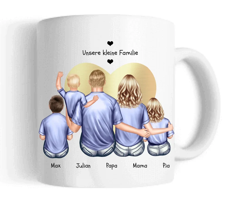 Muttertags- und Vatertagsgeschenk - Tasse personalisiert mit Eltern, Mama, Papa & 3 Kindern