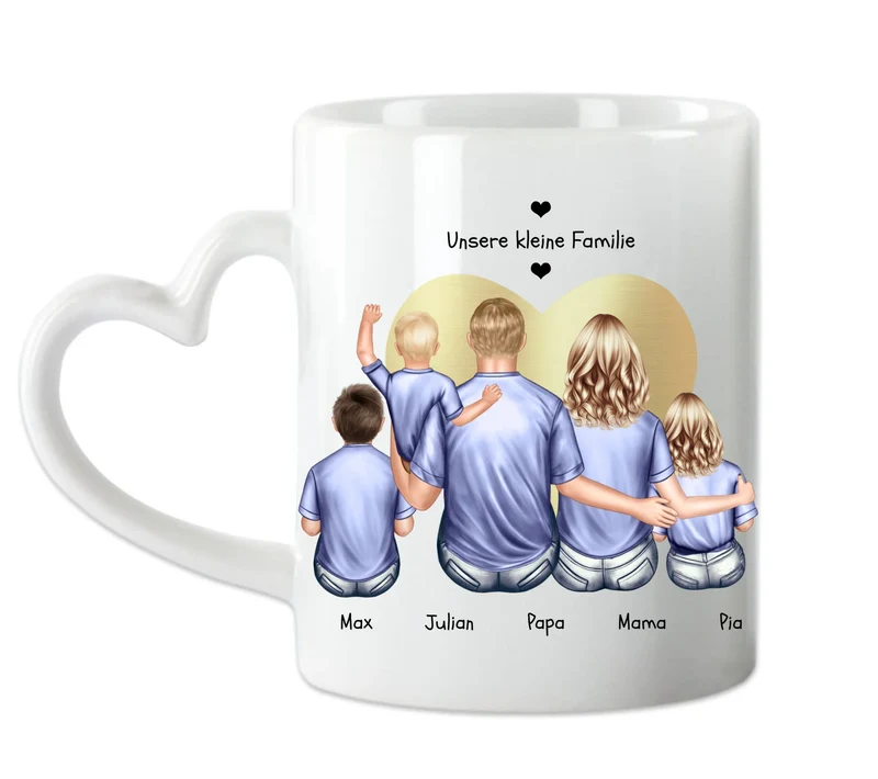 Muttertags- und Vatertagsgeschenk - Tasse personalisiert mit Eltern, Mama, Papa & 3 Kindern