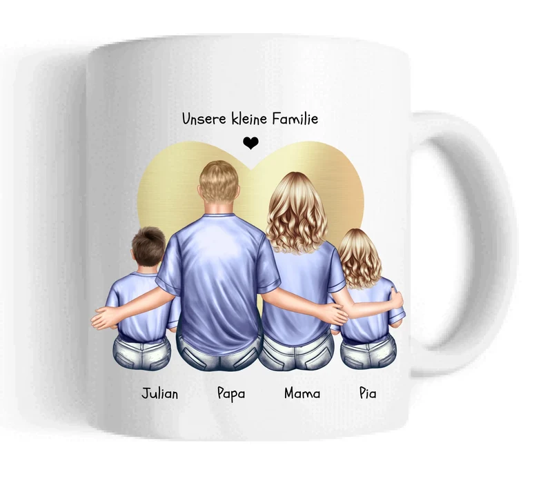 Vatertags- und Muttertagsgeschenk - Tasse personalisiert mit Mama, Papa & 2 Kindern