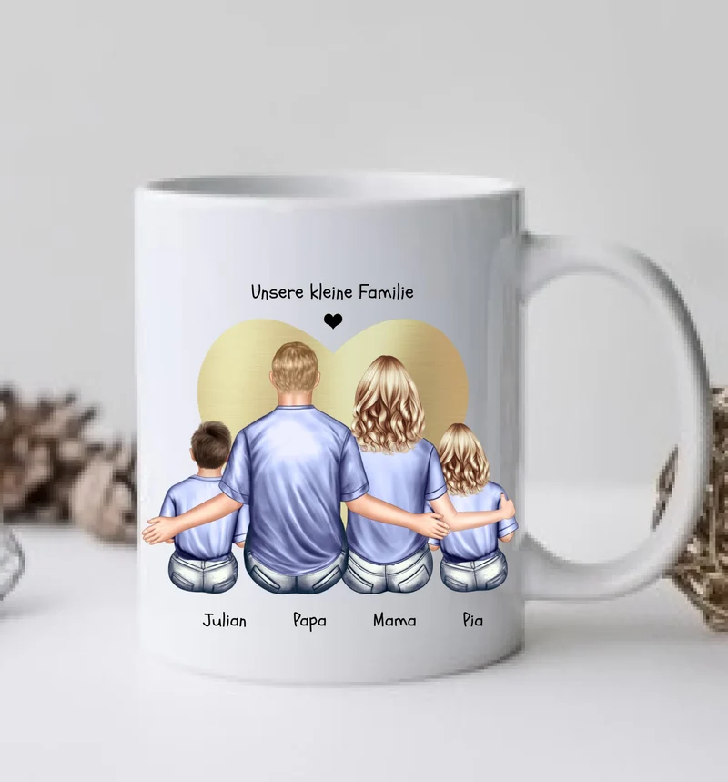 Vatertags- und Muttertagsgeschenk - Tasse personalisiert mit Mama, Papa & 2 Kindern