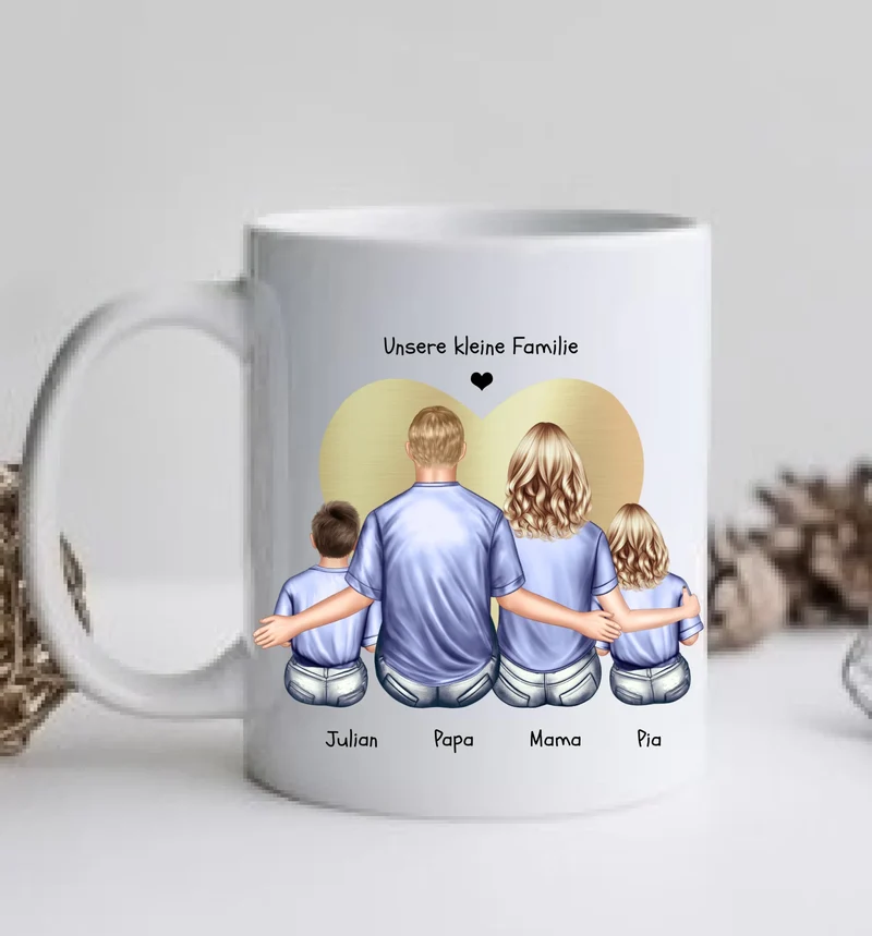 Vatertags- und Muttertagsgeschenk - Tasse personalisiert mit Mama, Papa & 2 Kindern