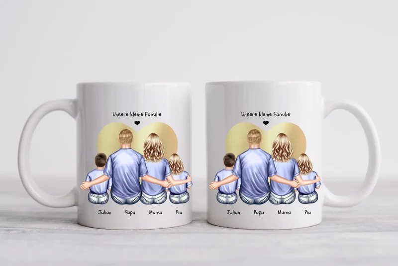Vatertags- und Muttertagsgeschenk - Tasse personalisiert mit Mama, Papa & 2 Kindern