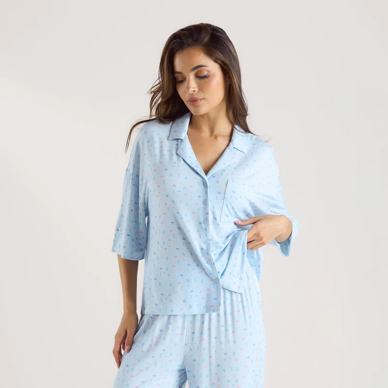 Modal Pyjama-Shirt mit kurzen Ärmeln - Florales Blau
