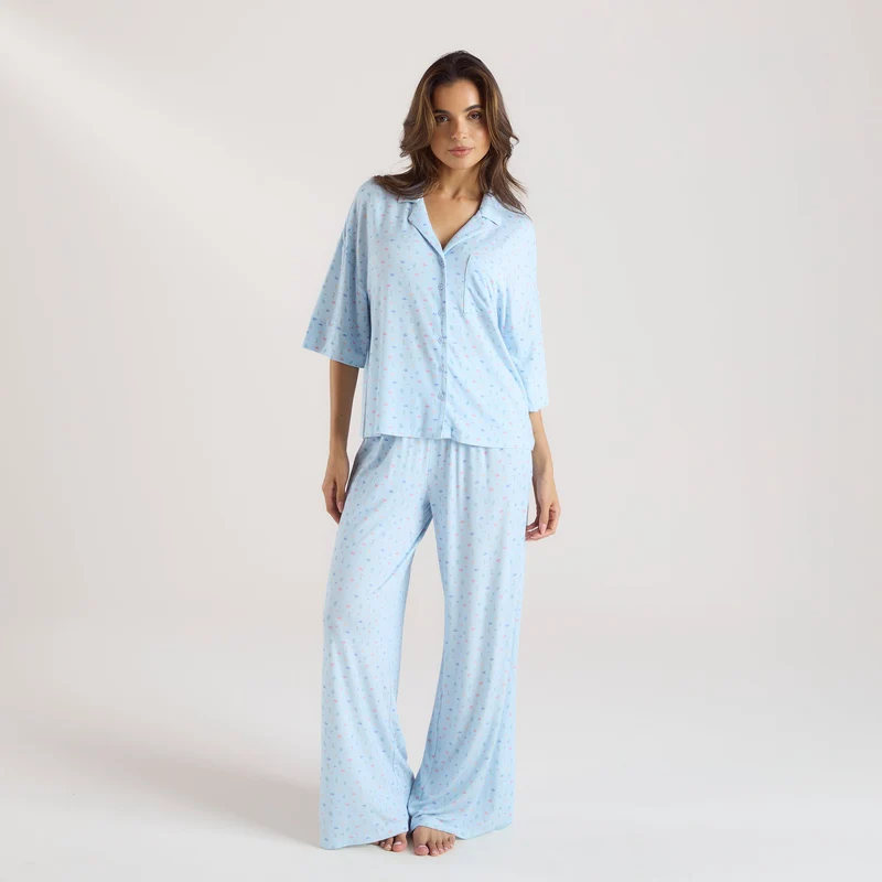 Modal Pyjama-Shirt mit kurzen Ärmeln - Florales Blau