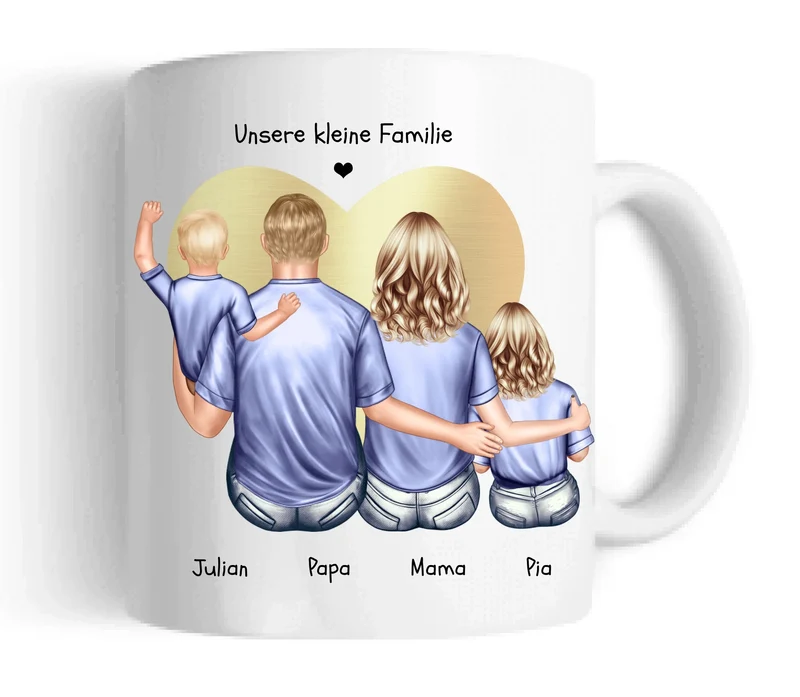 Muttertags- und Vatertagsgeschenk - Tasse personalisiert mit Mama, Papa & 2 Kindern
