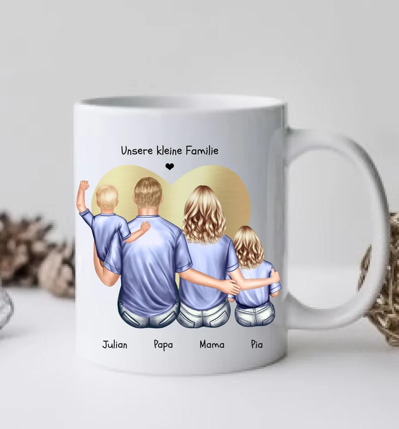 Muttertags- und Vatertagsgeschenk - Tasse personalisiert mit Mama, Papa & 2 Kindern