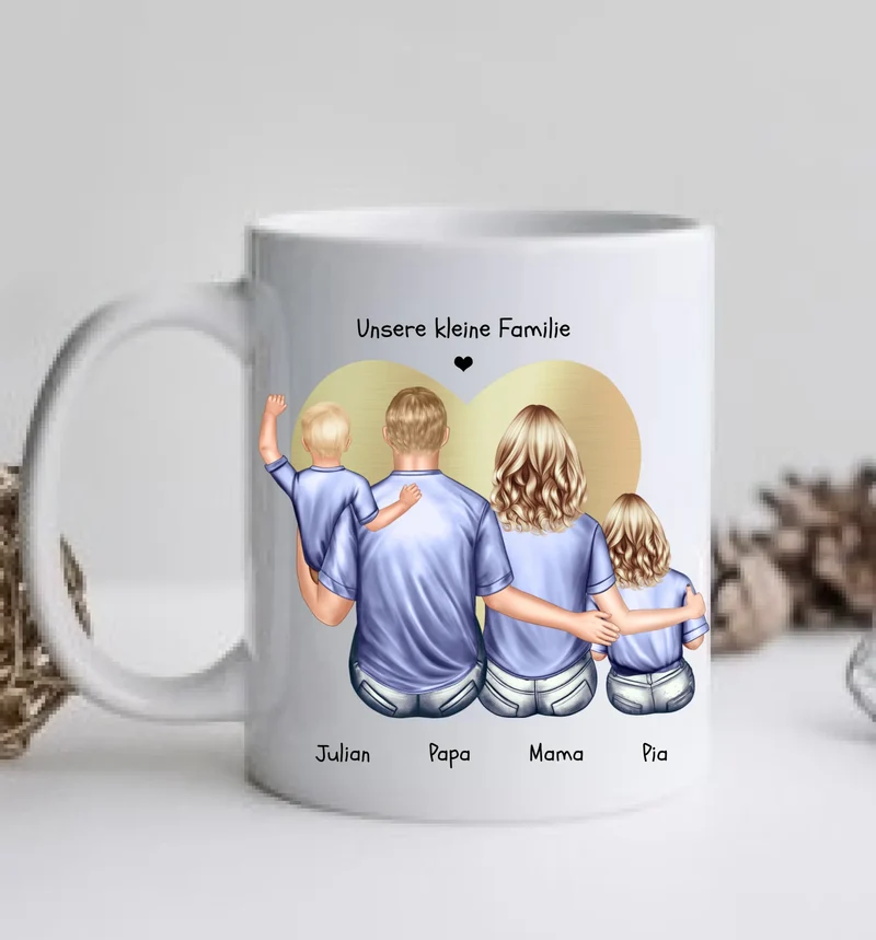 Muttertags- und Vatertagsgeschenk - Tasse personalisiert mit Mama, Papa & 2 Kindern