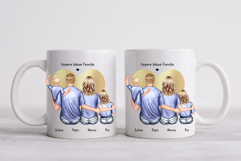 Muttertags- und Vatertagsgeschenk - Tasse personalisiert mit Mama, Papa & 2 Kindern