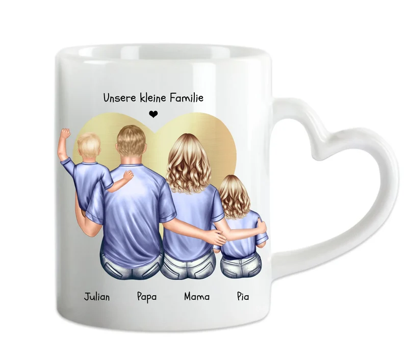 Muttertags- und Vatertagsgeschenk - Tasse personalisiert mit Mama, Papa & 2 Kindern