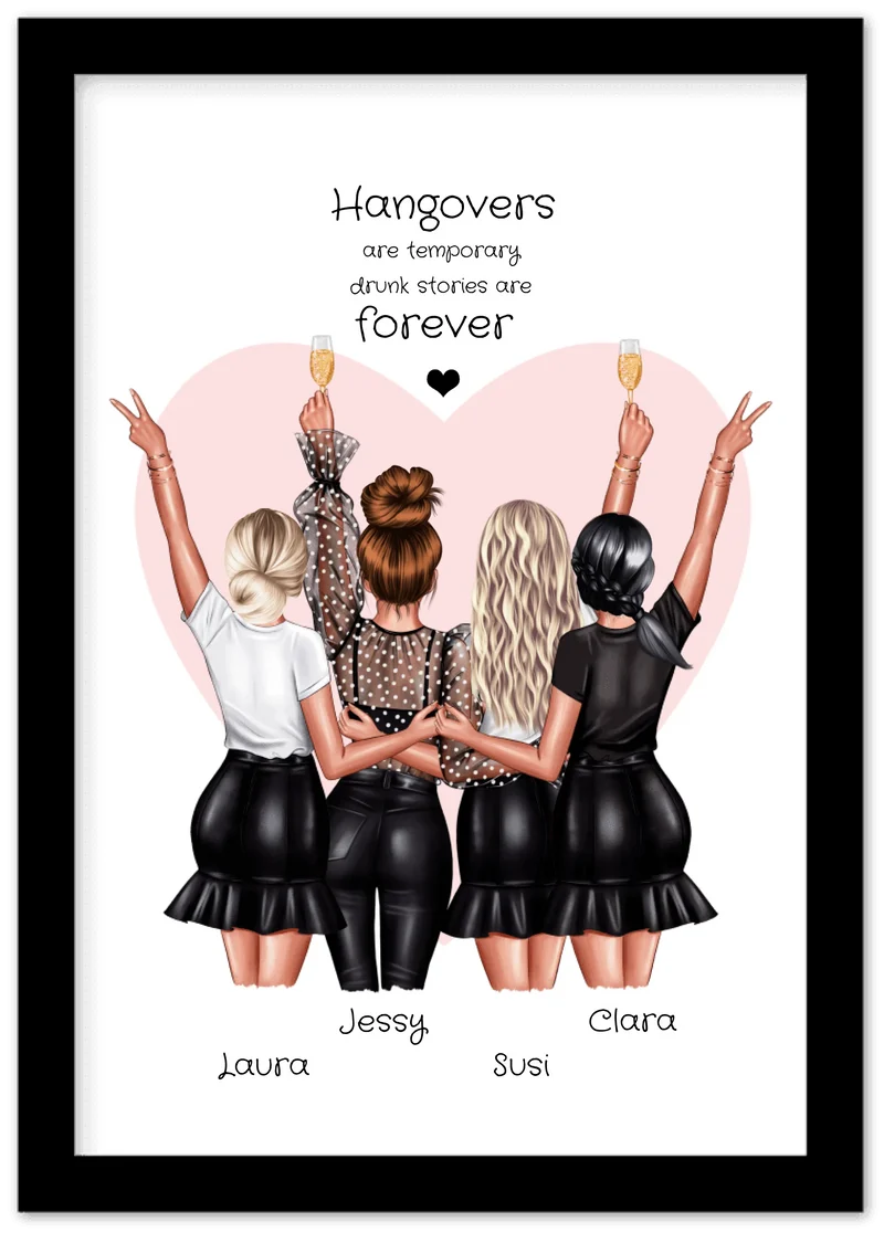 4 Freundinnen Poster personalisiert Geschenk - Beste Freundin Bild - Geburtstagsgeschenk - Geschenk Schwester - Hangovers